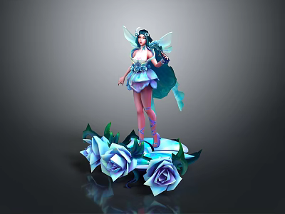 Game Movie Character Fairy With Blue Wings Purple Outfit on Blue Rose Base 3d model