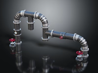 Industrial Metal Pipe System With Bent Structure And Red Valve Handles 3d model