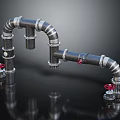 Industrial Metal Pipe System With Bent Structure And Red Valve Handles 3d model