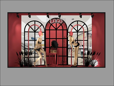 Stylish Red Shop Window Display With Arched Windows Mannequins LOGO Black Decor And Plants 3d model