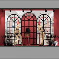 Stylish Red Shop Window Display With Arched Windows Mannequins LOGO Black Decor And Plants