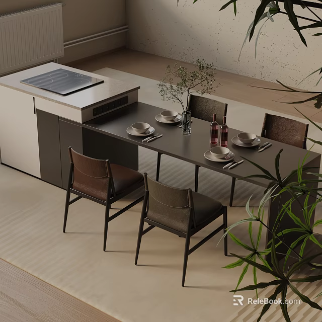 Modern Dining Table Set With Matching Chairs And Wooden Countertop For Home Decor 3d model 