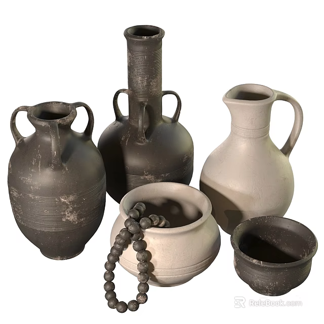 Handcrafted Ceramic Vessels in Various Shapes with Textured Black and White Designs 3d model 