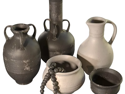 Handcrafted Ceramic Vessels in Various Shapes with Textured Black and White Designs 3d model