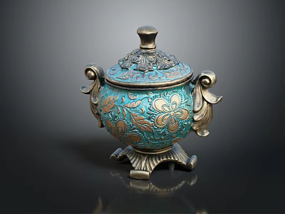 Vintage Turquoise And Gold Decorative Ornament Set With Floral Patterns Handles And Pedestal Base 3d model