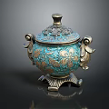 Vintage Turquoise And Gold Decorative Ornament Set With Floral Patterns Handles And Pedestal Base