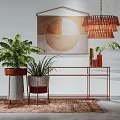 Modern Console Table With Metal Frame Potted Plants Wall Art And Hanging Lamp