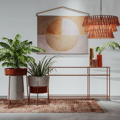 Modern Console Table With Metal Frame Potted Plants Wall Art And Hanging Lamp 3d model