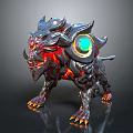 Game Movie Character Mythical Monster With Black Red Armor Glowing Green Eyes Sharp Teeth Claws