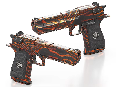 Two Custom Pistols With Orange And Black Tiger Stripe Pattern Design 3d model