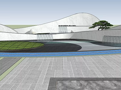 Modern Curved White Building Exterior Wall With Landscaped Garden Water Feature And Pine Tree 3d model