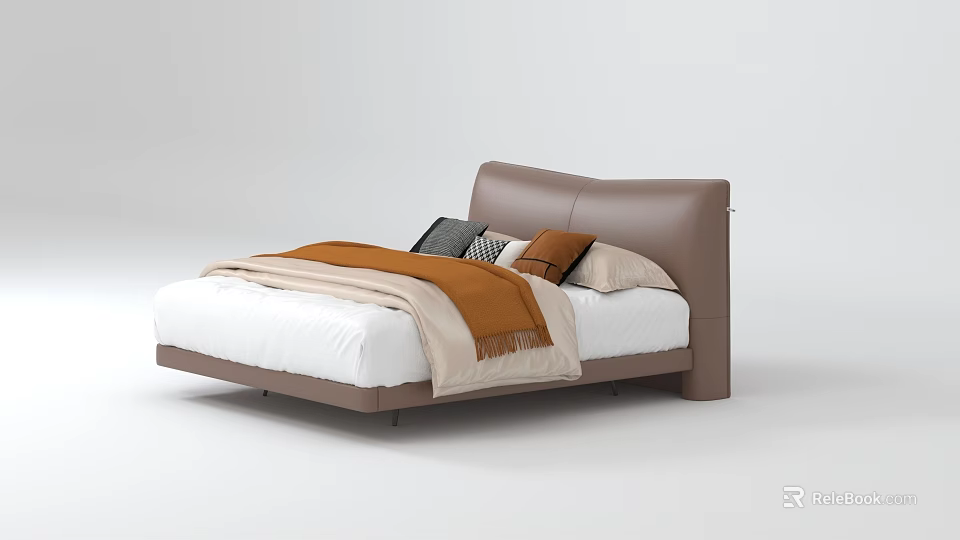 Modern Double Bed with Brown Headboard White Bedsheets Colorful Pillows and Cozy Blanket 3d model 
