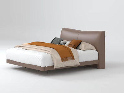 Modern Double Bed with Brown Headboard White Bedsheets Colorful Pillows and Cozy Blanket 3d model