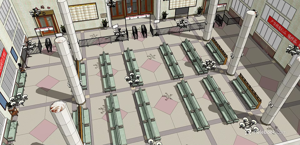 Modern Station Interior With Bench Seats Columns Tile Floor And Information Board 3d model 