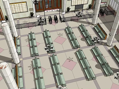 Modern Station Interior With Bench Seats Columns Tile Floor And Information Board 3d model