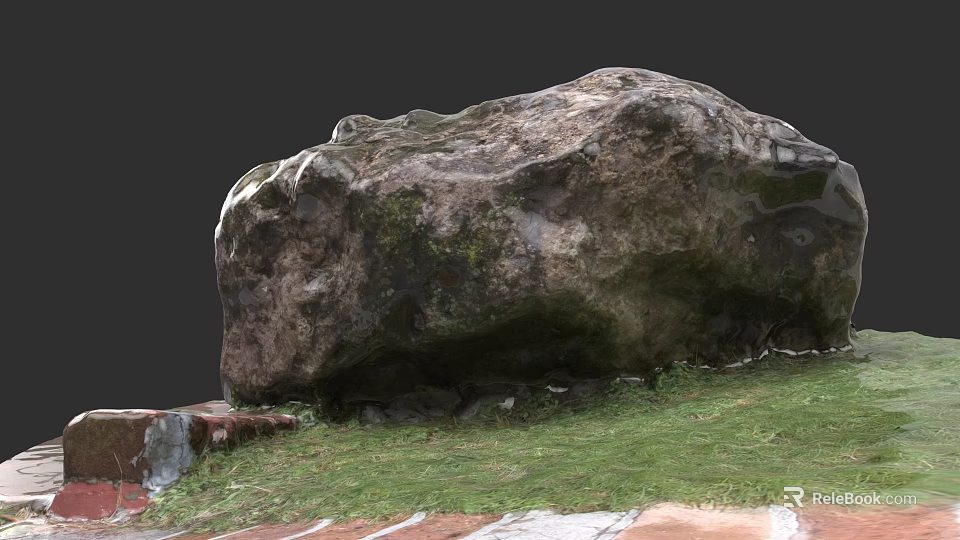 Natural Large Stone Rock With Rough Texture On Green Grass Ground Surface 3d model 