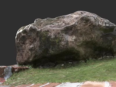 Natural Large Stone Rock With Rough Texture On Green Grass Ground Surface 3d model