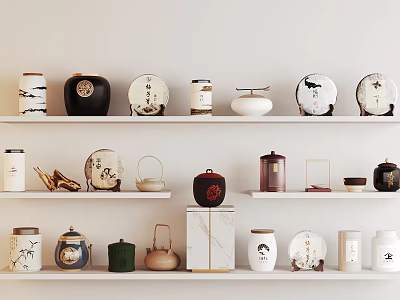 Stylish Tea Sets Including Ceramic Jars Displayed on White Shelves with Decorative Designs 3d model