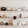 Stylish Tea Sets Including Ceramic Jars Displayed on White Shelves with Decorative Designs 3d model