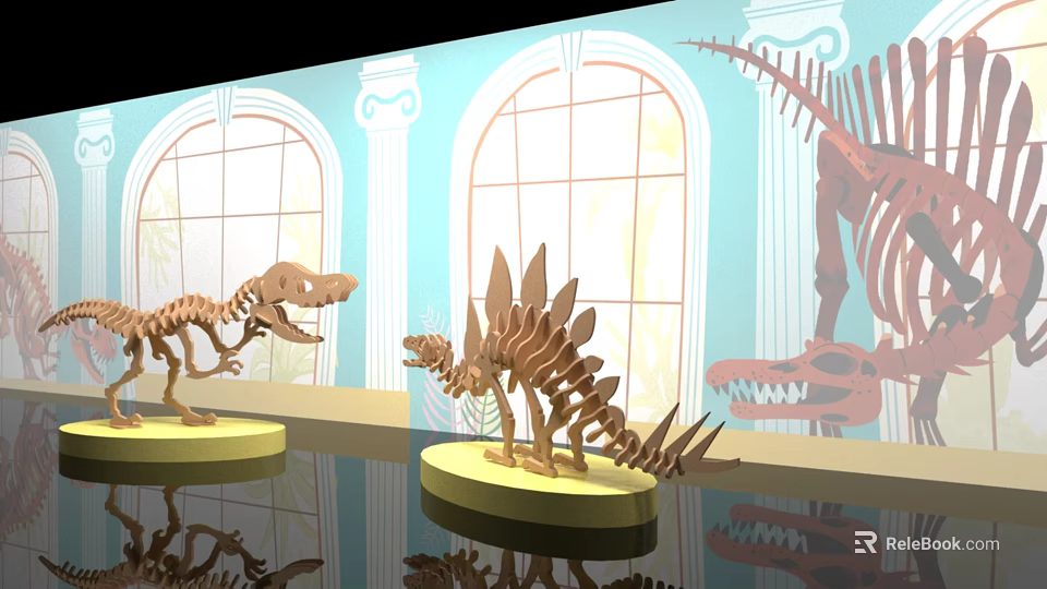 Exhibition Wall Display With Dinosaur Skeletons Arched Windows And Columns 3d model