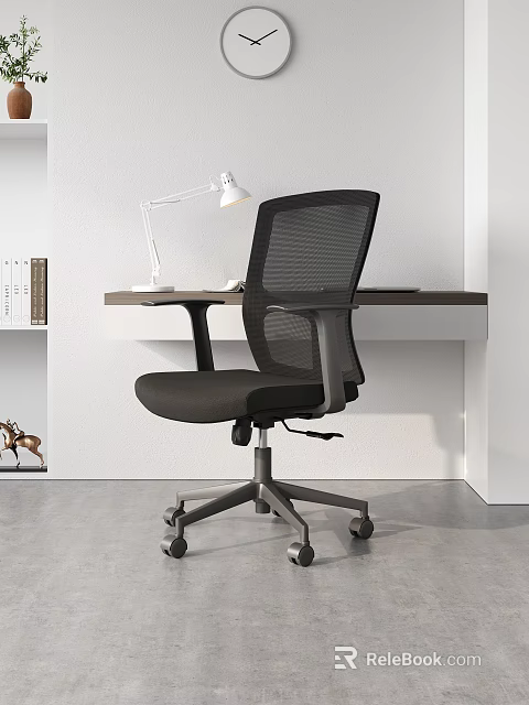 Modern Home Office Desk With Black Mesh Chair White Desk Lamp And Bookshelf 3d model 