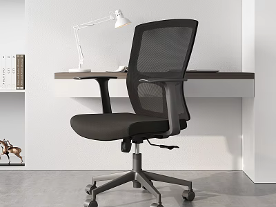 Modern Home Office Desk With Black Mesh Chair White Desk Lamp And Bookshelf 3d model
