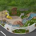 Vibrant Children's Play Area With Yellow Slide Orange Crab Structure Wooden Bridge Stream And Trees