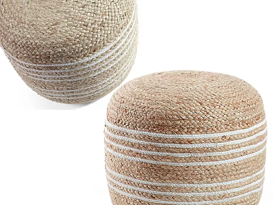 Light Brown Woven Round Stools With White Stripes And Natural Woven Material 3d model