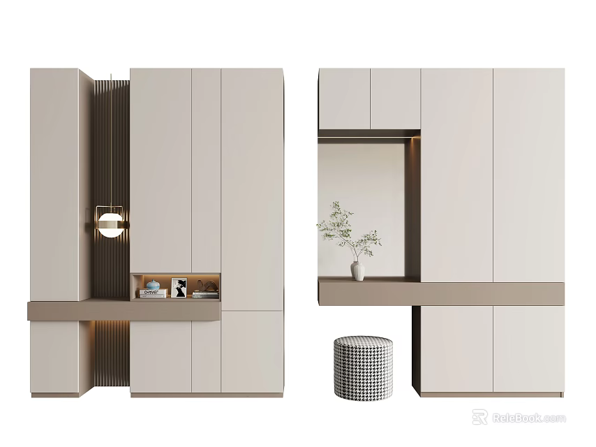 Modern Light Beige Shoe Cabinet Design With Storage Compartments And Small Stool 3d model