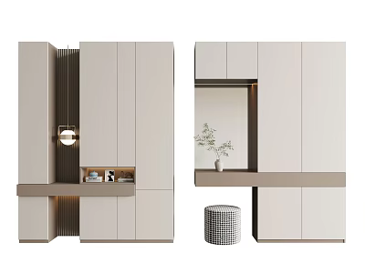 Modern Light Beige Shoe Cabinet Design With Storage Compartments And Small Stool 3d model