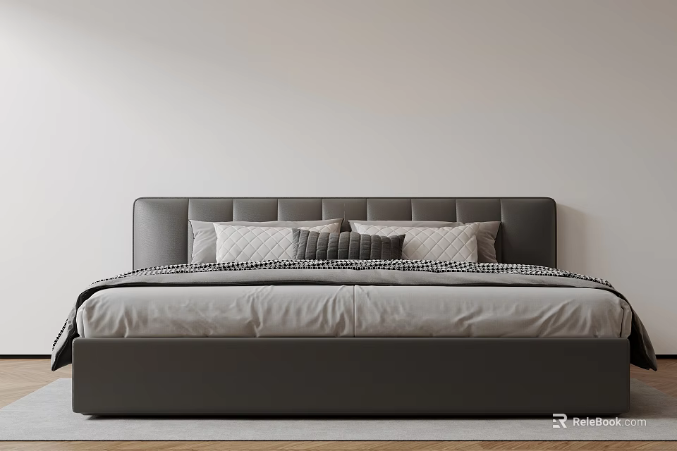 Modern Double Bed With Dark Gray Headboard And Gray White Bedding Pillows 3d model