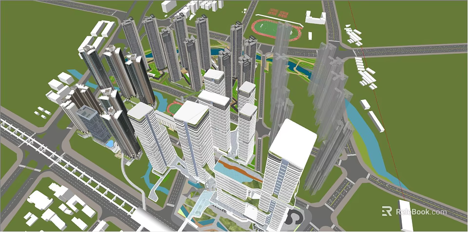 Modern High Rise Residential Buildings In Urban Area With Green Spaces And Water Features 3d model 