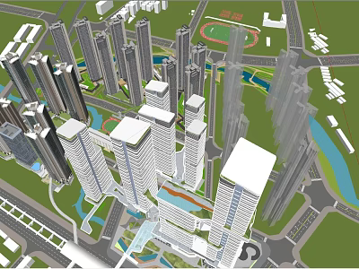 Modern High Rise Residential Buildings In Urban Area With Green Spaces And Water Features 3d model