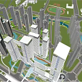 Modern High Rise Residential Buildings In Urban Area With Green Spaces And Water Features