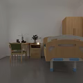 Simple Bedroom Interior With Wooden Bed Desk Chair Cabinet Plants Large Window And City View