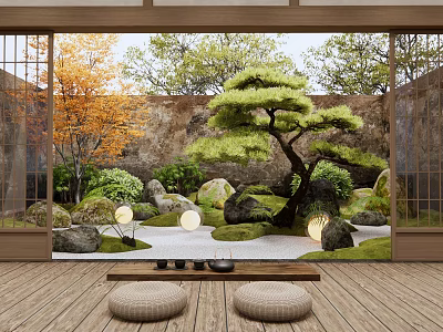 Japanese Style Courtyard Garden with Bonsai Pine Tree Stones Sand Lanterns Wooden Flooring and Cushions 3d model