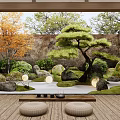 Japanese Style Courtyard Garden with Bonsai Pine Tree Stones Sand Lanterns Wooden Flooring and Cushions