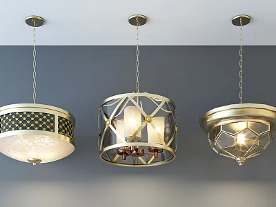 Three Unique Chandeliers With Metal Frames And Decorative Lampshades 3d model