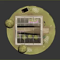 Glass Greenhouse Building with Pink Accents Vines Brick Base near Hay Bales Sunflowers in Grass