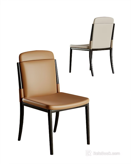 Elegant Modern Single Chair With Brown Leather Seat Beige Back And Black Frame Design 3d model 
