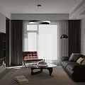 Pink Leather Leisure Chair with Black Sofa Floor Lamp Abstract Painting and Coffee Table