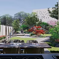 Traditional Garden Landscape Featuring Cherry Blossom Tree Red Maple Stone Path And Green Grass