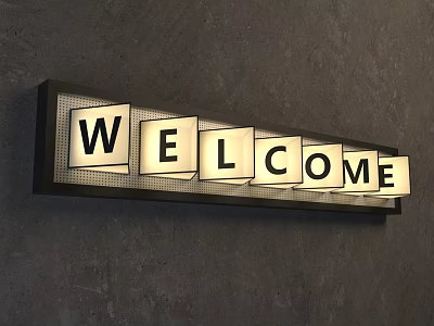 Wrought Iron Welcome Sign With Illuminated Square Block Letters On Concrete Wall 3d model