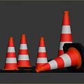 Red And White Striped Traffic Cones With Black Bases On