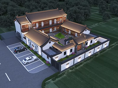 Chinese Style Detached Villa With Courtyard Green Trees And Parking Area 3d model