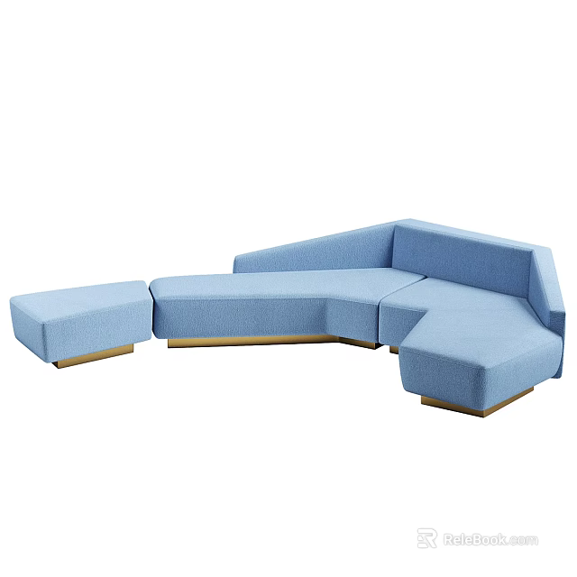 Blue Curved Modular Two Seater Sofa With Brass Legs Modern Design 3d model