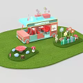 Colorful Cartoon Food Cart Scene With Green Grass Flowers And Mushroom Decorations