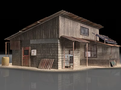 Rural Self Built House With Wooden Structure Aged Appearance Sloped Roof And Small Windows 3d model