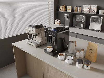 Elegant Modern Kitchen Interior With Coffee Machine And Kitchen Appliances On Countertop 3d model