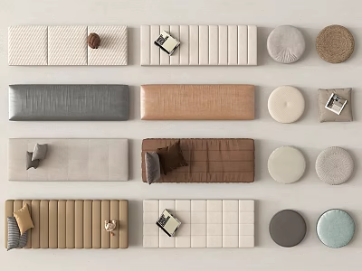 Various Upholstered Sofa Designs With Round Cushions And Decorative Items 3d model